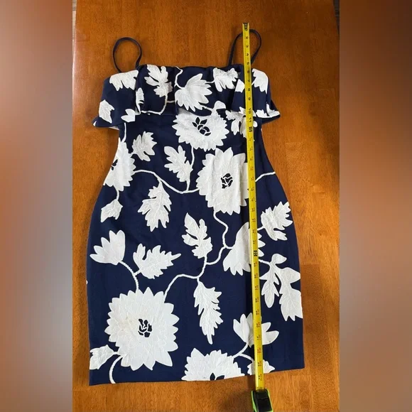 NWT Guess Navy Blue/White Flowers Spaghetti Strap Draped Bodice Dress Size 10 - Picture 9 of 10